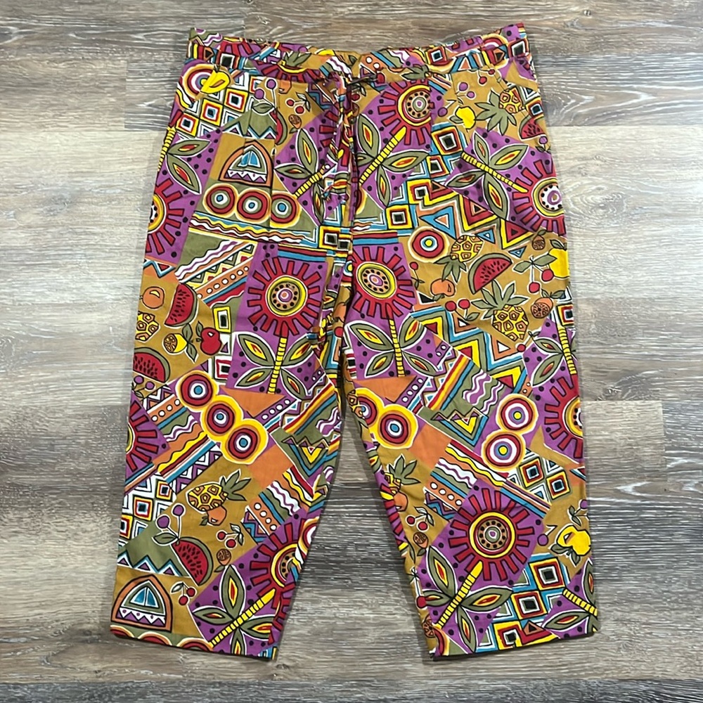 Women's Cotton Drawstring Tropical Summer Patterned Abstract Capri Pants